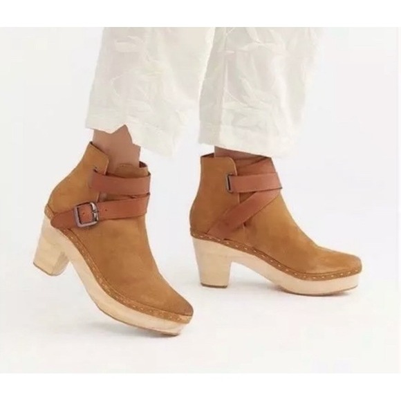 Free People Shoes - Free People Bungalow Suede Clog Leather Booties Wood Sole Women's Size 38